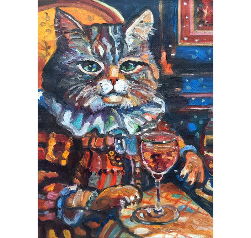 Funny Cat   with a Glass Original Art  Oil Painting  Oil On Cardboard - 壁貼/牆壁裝飾 - 其他材質 橘色