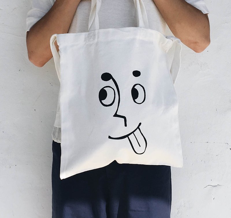 hoof handmade smiley face tote bag - Messenger Bags & Sling Bags - Cotton & Hemp White