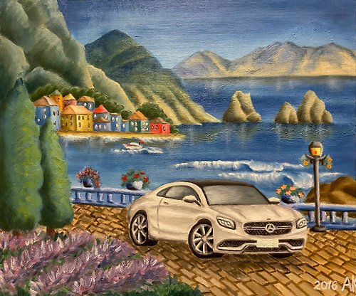 Anastasia Art - 独特的工艺 Road Trip to the Sea, original oil painting, oil on canvas, Mercedes car, Italy