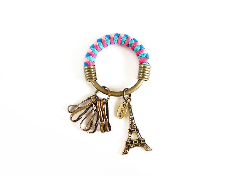 Key ring (small) 5.3CM bright blue + lake green + Peach+ pink + basket empty iron tower handmade custom - Keychains - Other Metals Multicolor