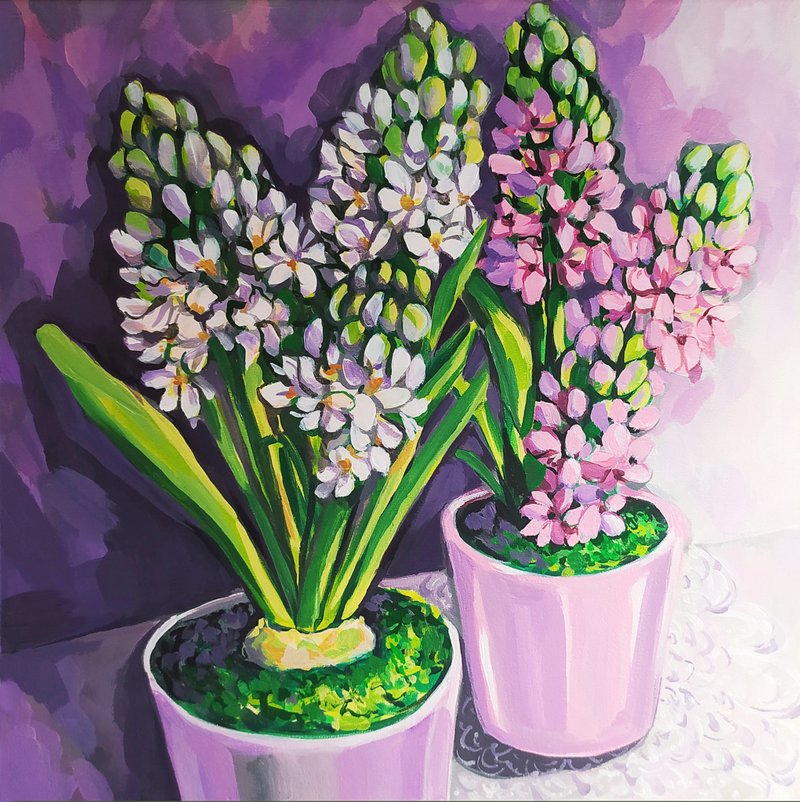 Painting with flowers Hyacinths original art Flowers of Spring pink flowers - 壁貼/牆壁裝飾 - 其他材質 粉紅色