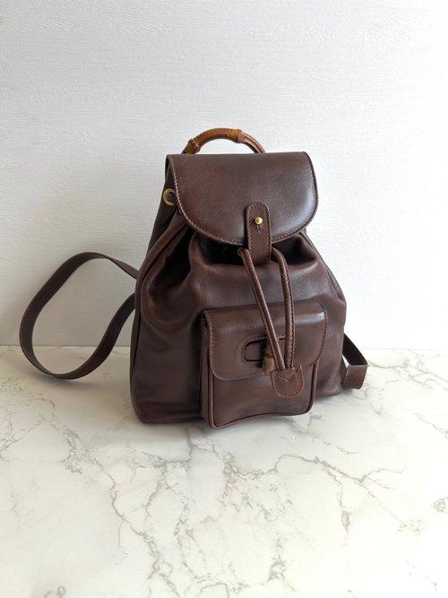 LA LUNE Vintage 日本鑑證古董品選物店 絕版古董包 GUCCI中古二手竹節咖啡色皮革包 後揹包 背囊 雙肩包