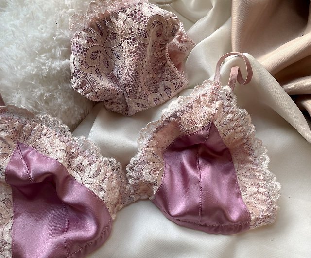 Set of satin lace with lining (bra + panties) Pink, cream lotus