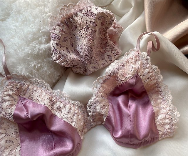 Set of satin lace with lining (bra + panties) Pink, cream lotus petals