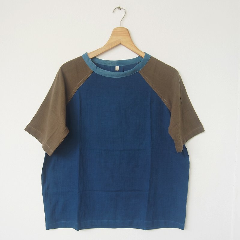 no.3 Baseball shirt L / natural dye - 女上衣/長袖上衣 - 棉．麻 藍色
