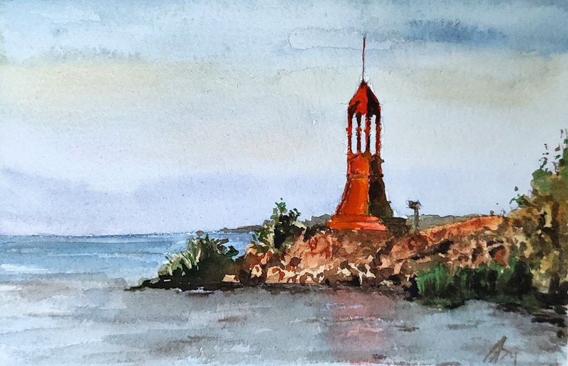 Lighthouse painting original watercolor painting seascape art - โปสเตอร์ - กระดาษ หลากหลายสี