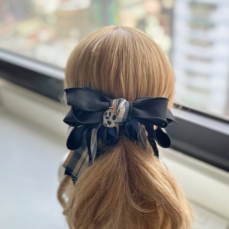 Three-dimensional overlay plaid bow intersecting clip banana clip fairy clip hair clip - dark blue - เครื่องประดับผม - วัสดุอื่นๆ สีน้ำเงิน