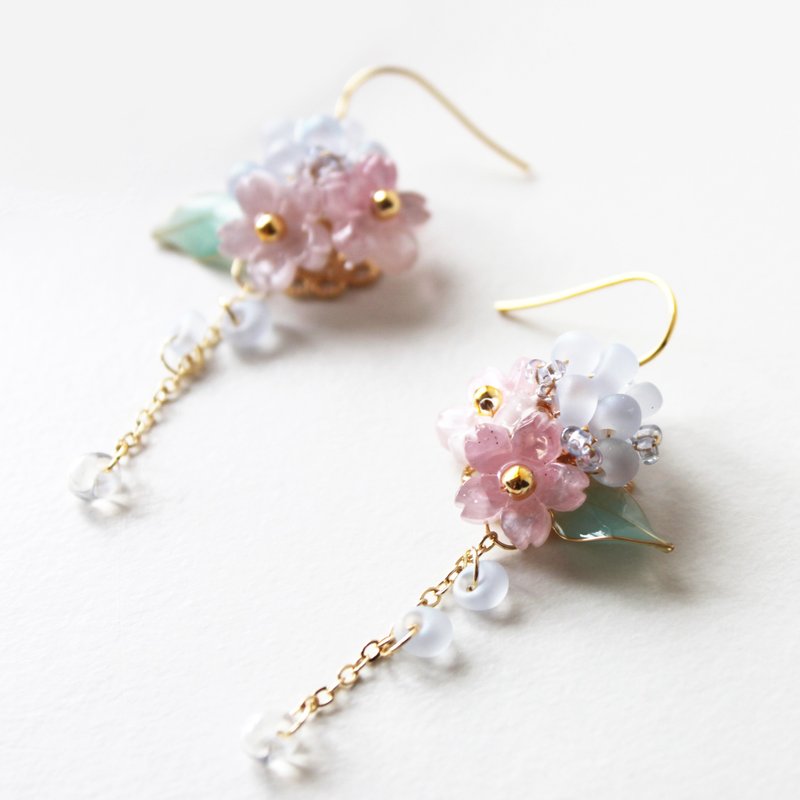 [Little Flower Earrings] Light Blue Sakura Matte Glass Bead Earrings and Clip-On - Earrings & Clip-ons - Glass Blue