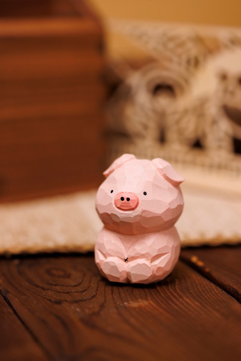 (Original Design) (The Chinese Zodiac Series) Wood Carved Pig - Items for Display - Wood Pink