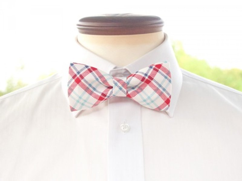 TATAN Tartan check bow tie (red) - หูกระต่าย/ผ้าพันคอผู้ชาย - ผ้าฝ้าย/ผ้าลินิน ขาว