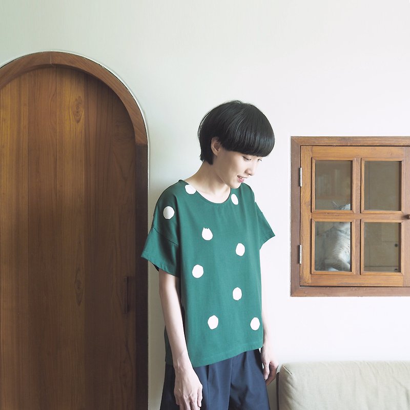polka dot cat crop t-shirt : green - 女裝 上衣 - 棉．麻 綠色