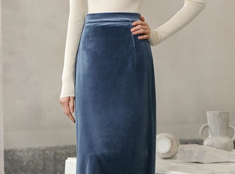 New Chinese style elegant velvet cool feeling A-line long skirt - Skirts - Other Materials Blue