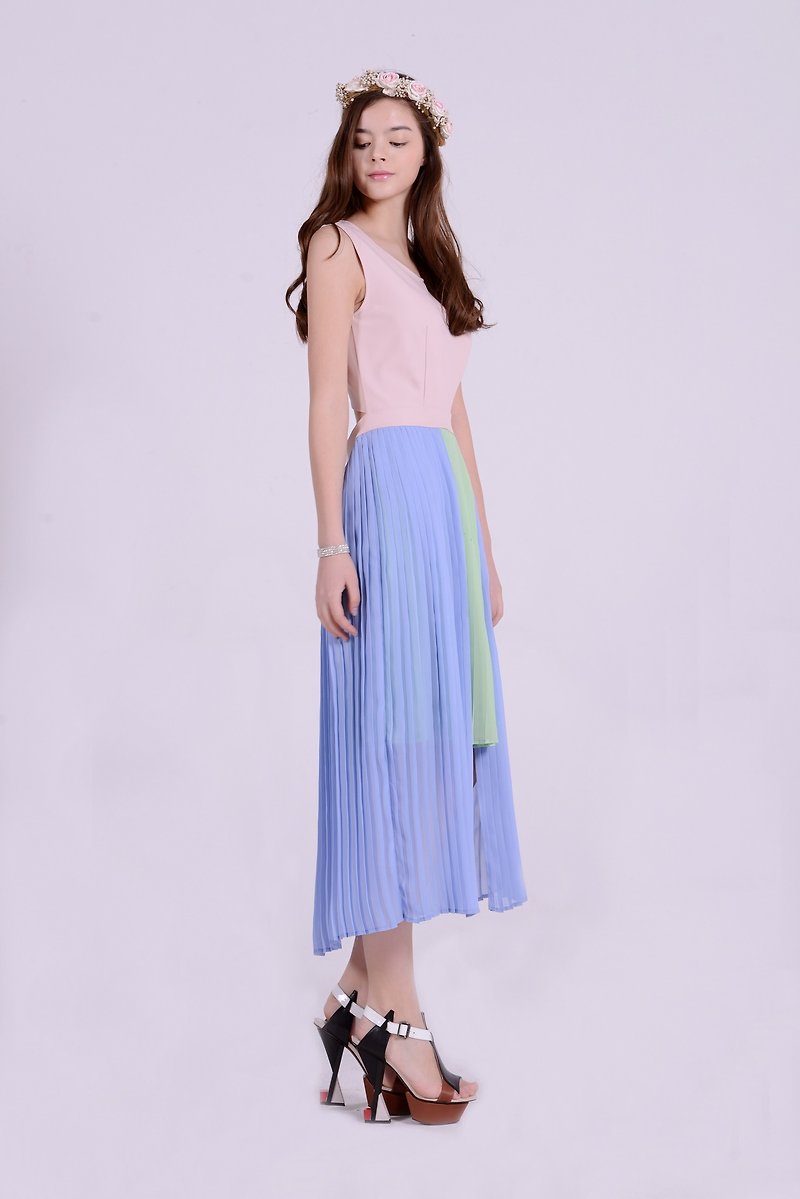 Pastel blue&green double layer asymmetric pleated dress - One Piece Dresses - Polyester Pink