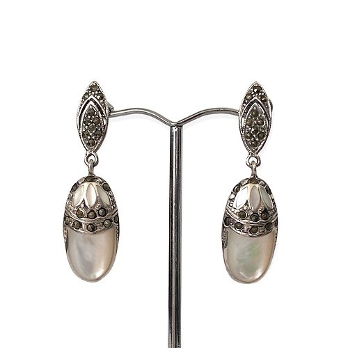 alisadesigns Art Deco Style Mother of Pearl&Marcasite Drop Earrings / Set 925 Sterling Silver