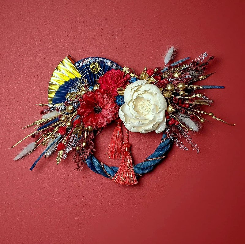 Japanese Shimenawa-Japanese style geisha style red and blue color dry immortality wreath - ช่อดอกไม้แห้ง - พืช/ดอกไม้ สีน้ำเงิน