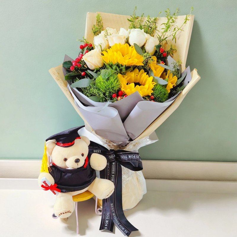 畢業公仔花束 (向日葵、香檳玫瑰及襯花) GF00176 - 盆栽/植栽 - 植物．花 