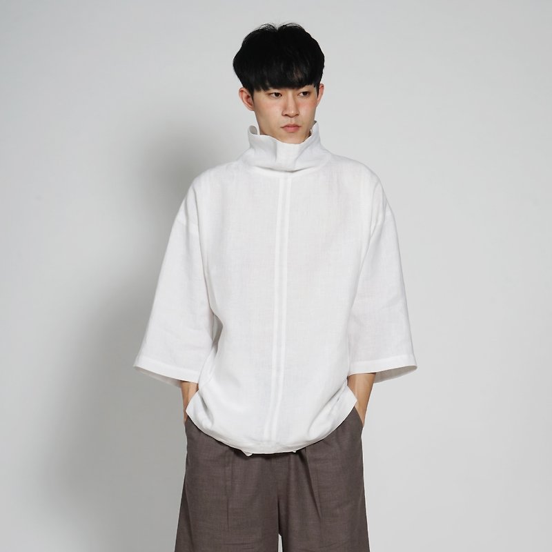 Black and white cut 17SS high width collar buckle coat white - เสื้อยืดผู้ชาย - ผ้าฝ้าย/ผ้าลินิน ขาว