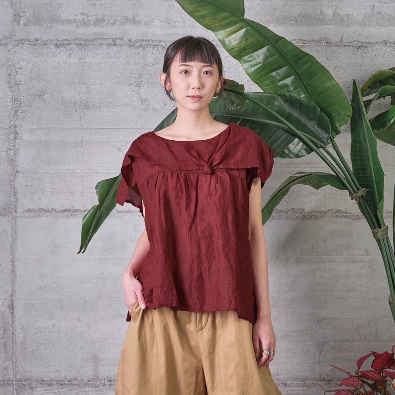 如風不對稱披領苧麻上衣 - 女上衣/長袖上衣 - 棉．麻 紅色