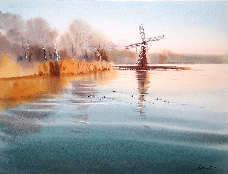風車 ..De Helper.. フローニンゲン オランダ - オリジナルの水彩画 - ウォールデコ・壁紙 - 紙 ブルー