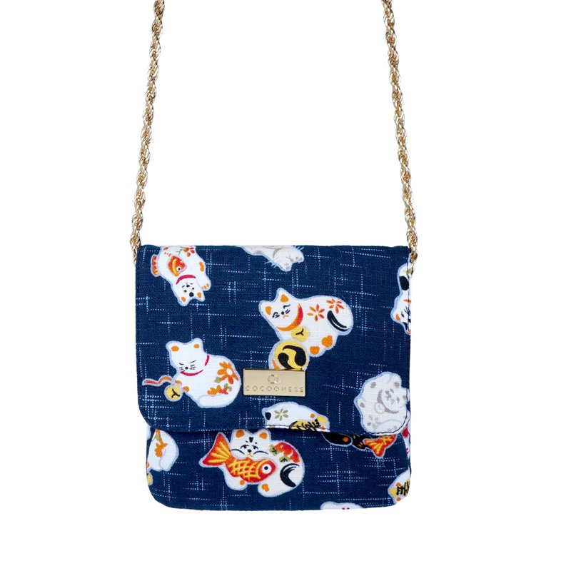 口金錢包 / 口金短夾 / 斜挎錢包- 招財貓(藍) - 錢包/皮夾/長短夾 - 棉．麻 藍色