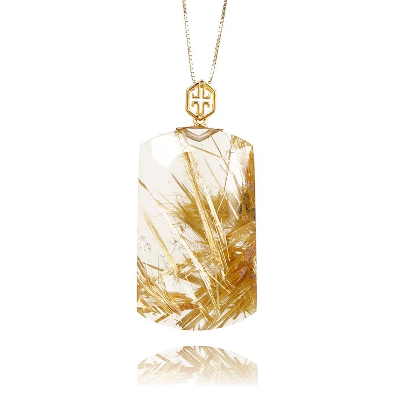 Gold Rutilated Quartz 13g Square Pendant - Necklaces - Semi-Precious Stones Multicolor