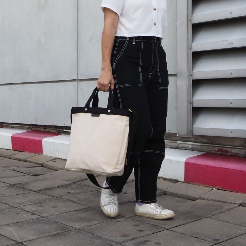 TWO TONE - Canvas Bag + 11inch Tablet Compartment, Cotton, Crossbody, Off White - 其他 - 棉．麻 白色
