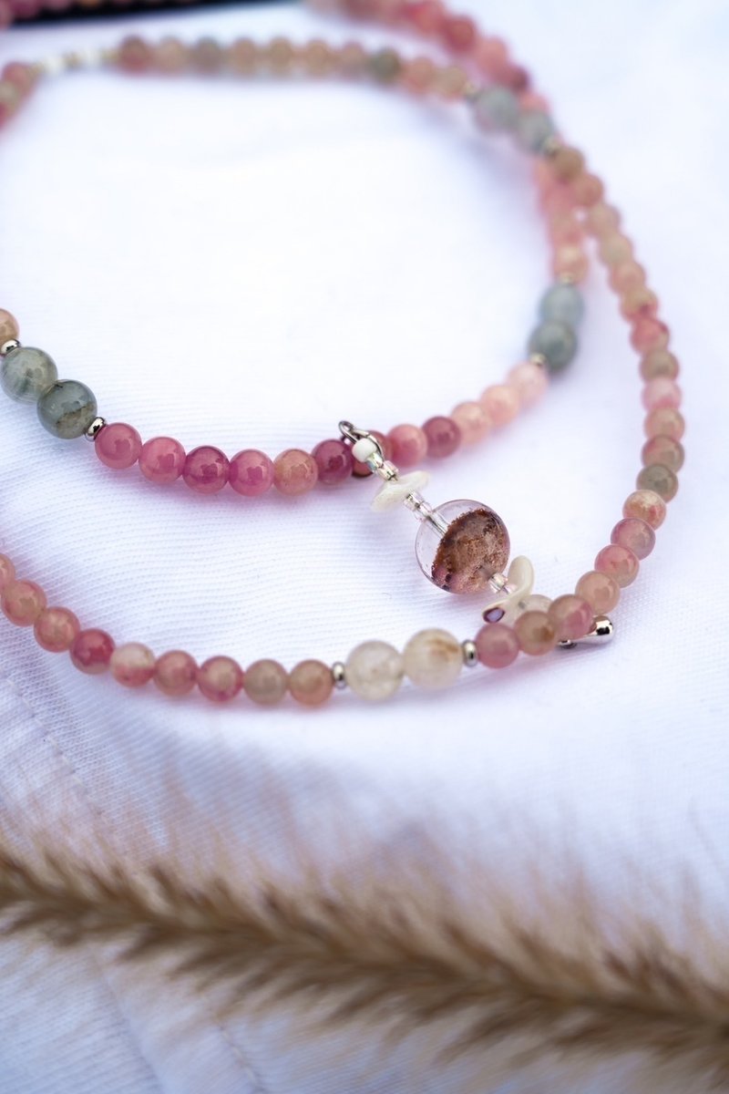 Pink tourmaline + green tourmaline + red ghost design handmade necklace natural mineral crystal - สร้อยคอ - คริสตัล 