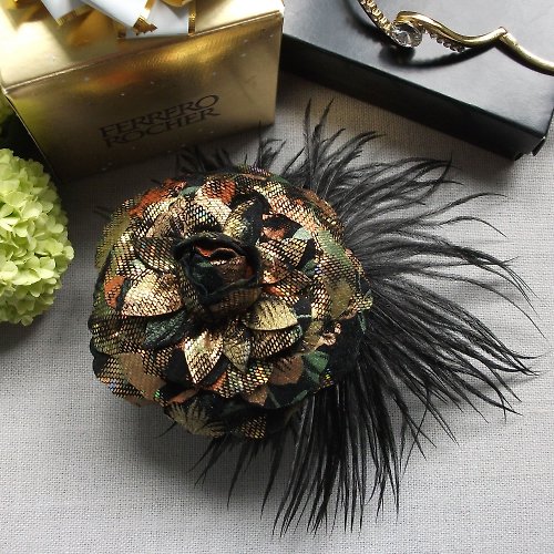 BROSHKI-KROSHKI Flower brooch made of natural suede with an ostrich feather