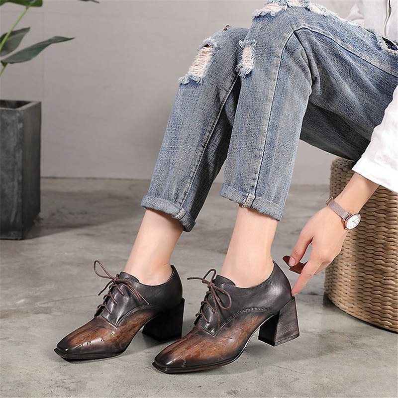 Autumn and winter new square head lace high heel women's shoes retro national art handmade leather high heels - รองเท้าส้นสูง - หนังแท้ สีเทา