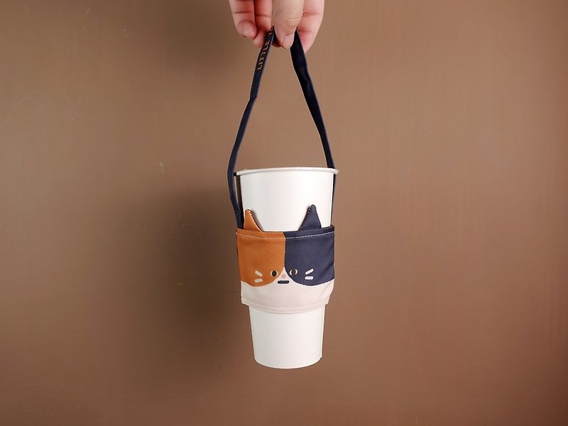 Double-sided animal drink cup sleeves and environmentally friendly cup sleeves - Tabby Cat & Mercedes-Benz Cat - Beverage Holders & Bags - Polyester Orange