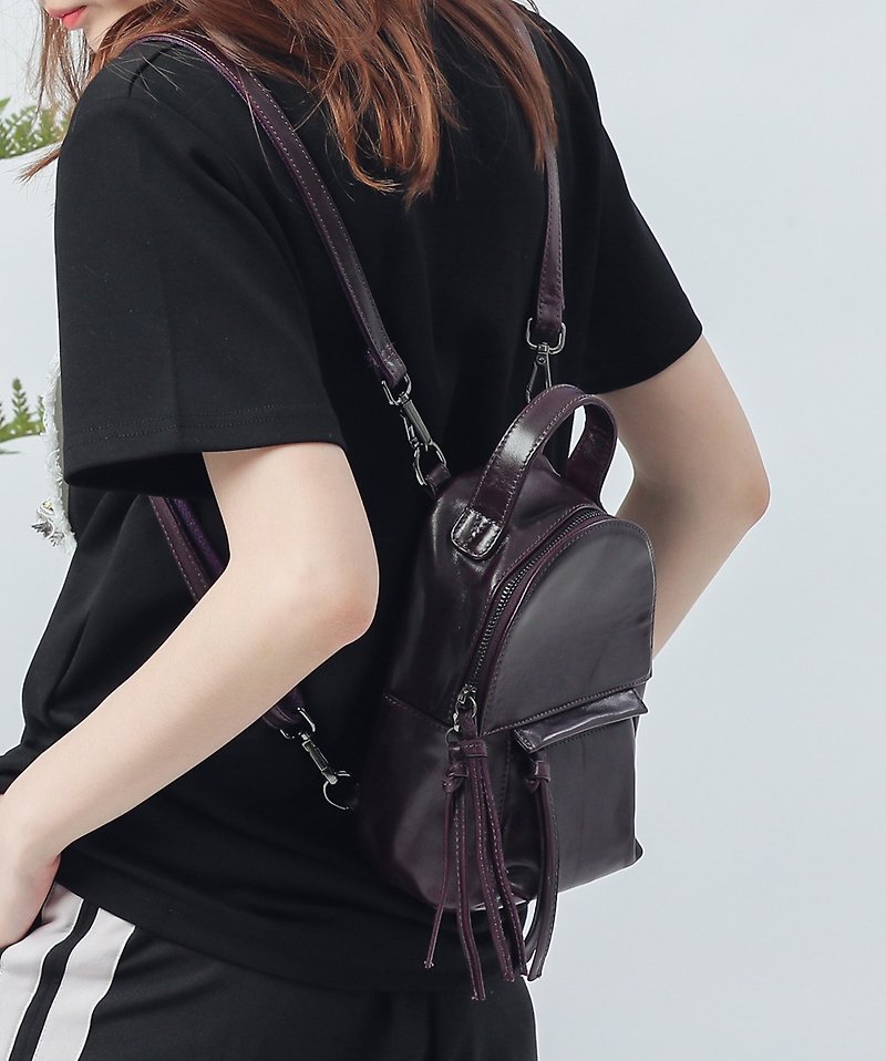 Multi-purpose mini cowhide back shoulder back 3 back - Backpacks - Genuine Leather Purple