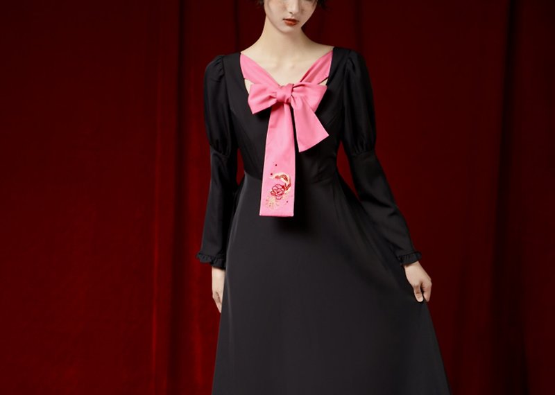 復古宮廷 羊腿袖刺繡蝴蝶結洋裝 - 洋裝/連身裙 - 其他材質 黑色