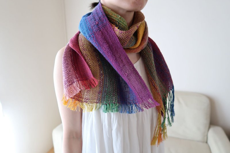 Hand-woven stole Linen cotton double rainbow shawl tapestry gift Chinese New Year birthday gift Shawl (M) 39 - Scarves - Cotton & Hemp Multicolor