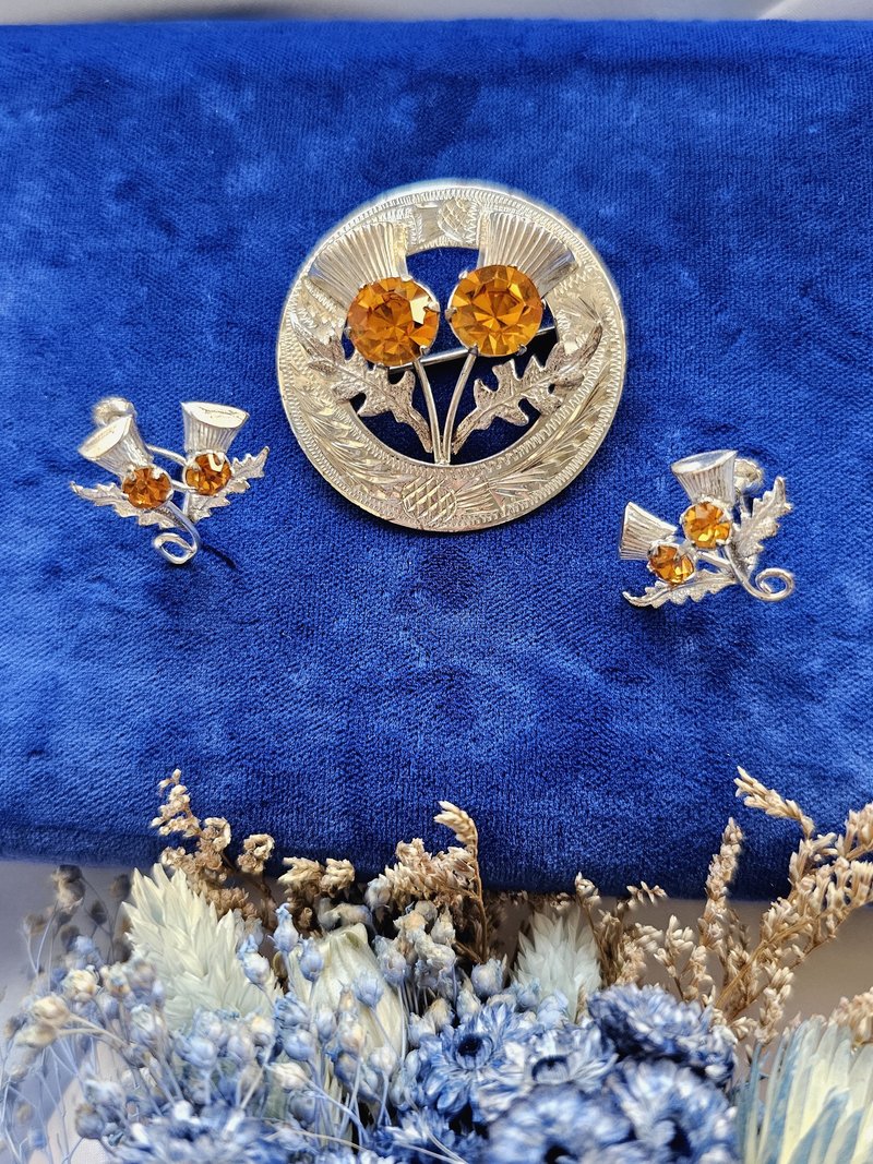 Sterling Silver Amber Gemstone Scotch Thistle Brooch / Stud Earrings / Set / Vintage Western Antique Jewelry - ต่างหู - โลหะ 