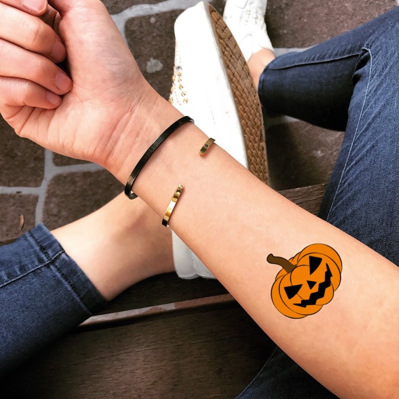 OhMyTat 萬聖節南瓜 Pumpkin Halloween 刺青圖案紋身貼紙 (2 張) - 紋身貼紙/刺青貼紙 - 紙 橘色