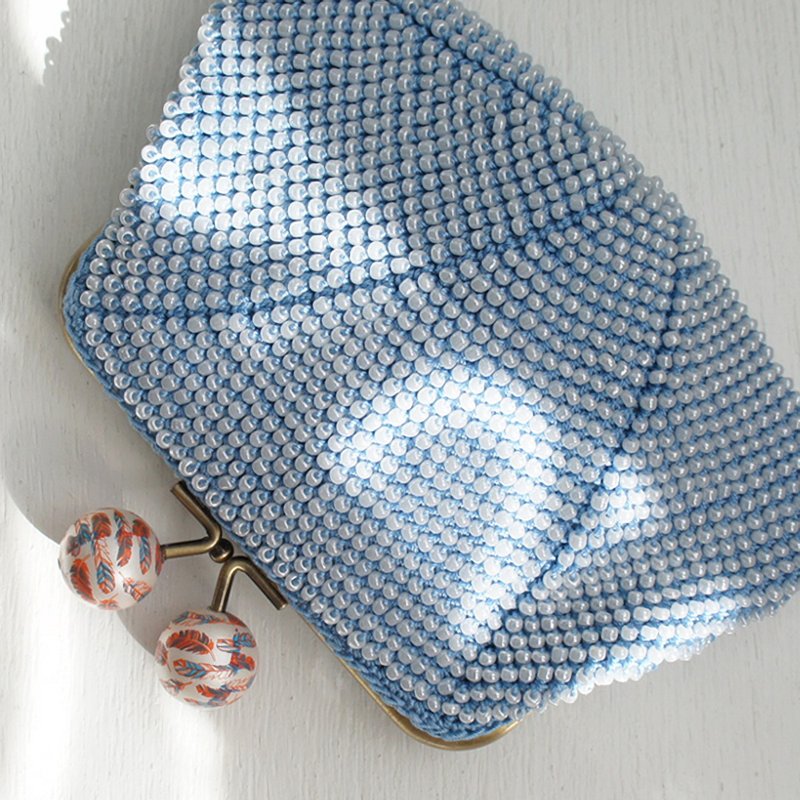 Ba-ba handmade Beads crochet pouch No.1335 - กระเป๋าสตางค์ - วัสดุอื่นๆ สีน้ำเงิน