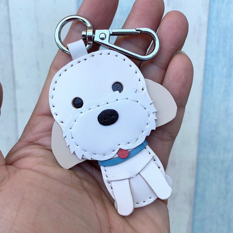 Healing small things white Maltese dog hand-stitched leather keychain small size - ที่ห้อยกุญแจ - หนังแท้ ขาว
