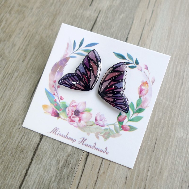 Misssheep-BW05-Butterfly Wings Collection-Purple Pink Handmade Earrings (Auricular / Transparent Ear Clips) - ต่างหู - พลาสติก สีม่วง