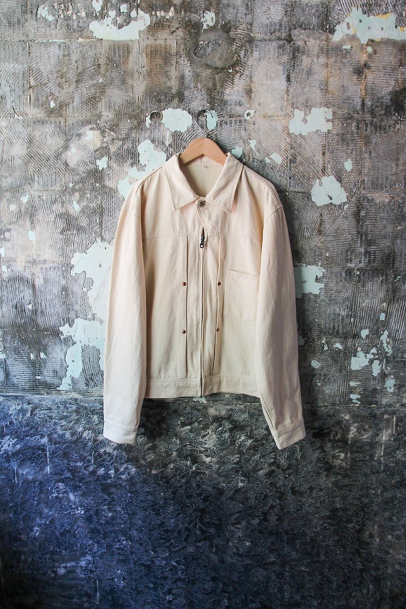 袅袅 department store -Vintage beige white denim jacket zipper jacket retro - Women's Casual & Functional Jackets - Cotton & Hemp 