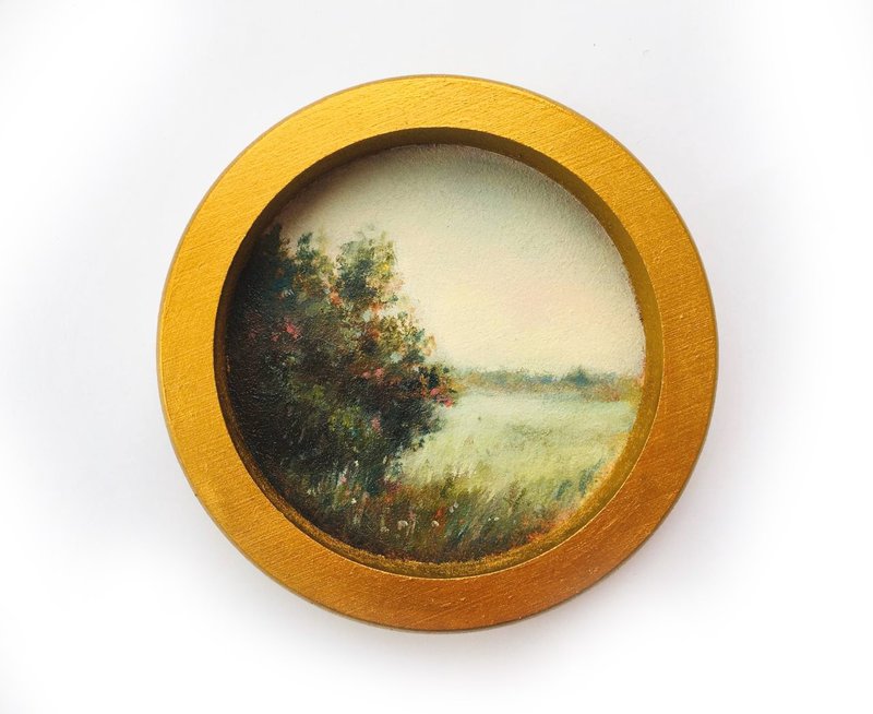 Framed Painting Victorian Round Gold Gift Small Original landscape 圓形畫 - 壁貼/牆壁裝飾 - 其他材質 白色