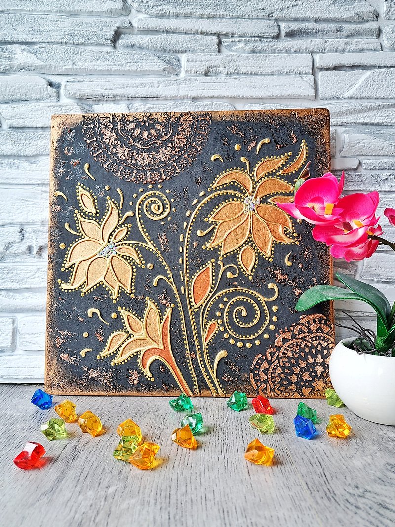 Golden flowers on plywood art Original texture painting Mandala wall decor - Wall Décor - Wood Gold