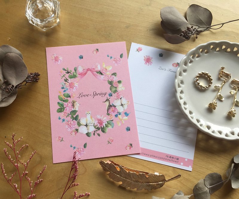 *ゾーイの森*ピンクの花輪ポストカードcs53 - カード・はがき - 紙 ピンク