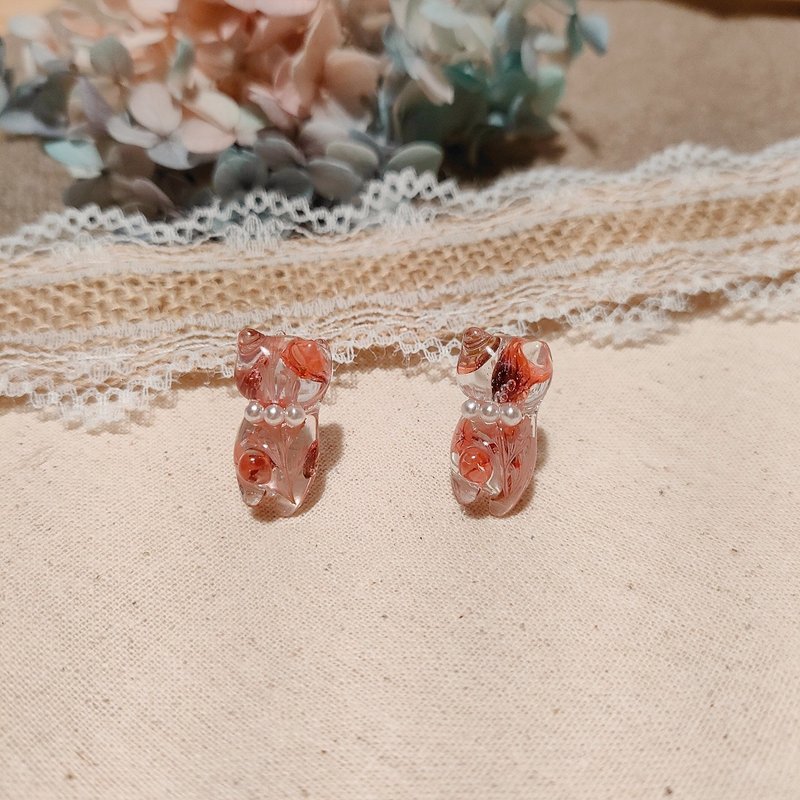 Cat orange flower color earrings - ต่างหู - พืช/ดอกไม้ สีแดง