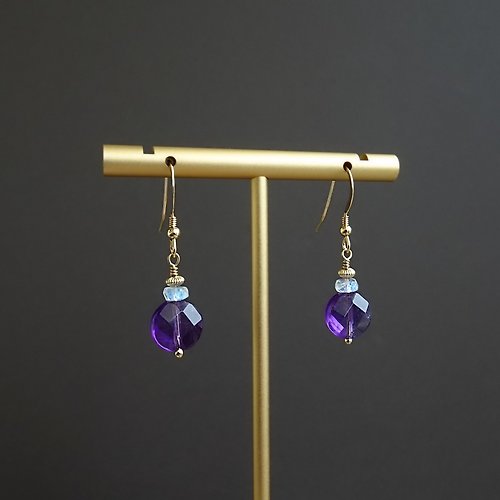 Joyce Wu Handmade Jewelry 紫水晶復古扁圓墜 月光石 14Kgf 包金耳勾耳環 | 復古唐頓