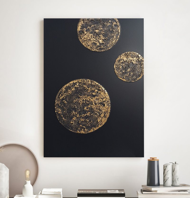 Textured black gold wall art | Textured black gold Painting | Planets 2 - 壁貼/牆壁裝飾 - 棉．麻 金色