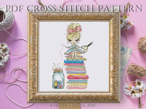 LittleRoomInTheAttic The Girl And Her Fabric Stash PDF cross stitch pattern