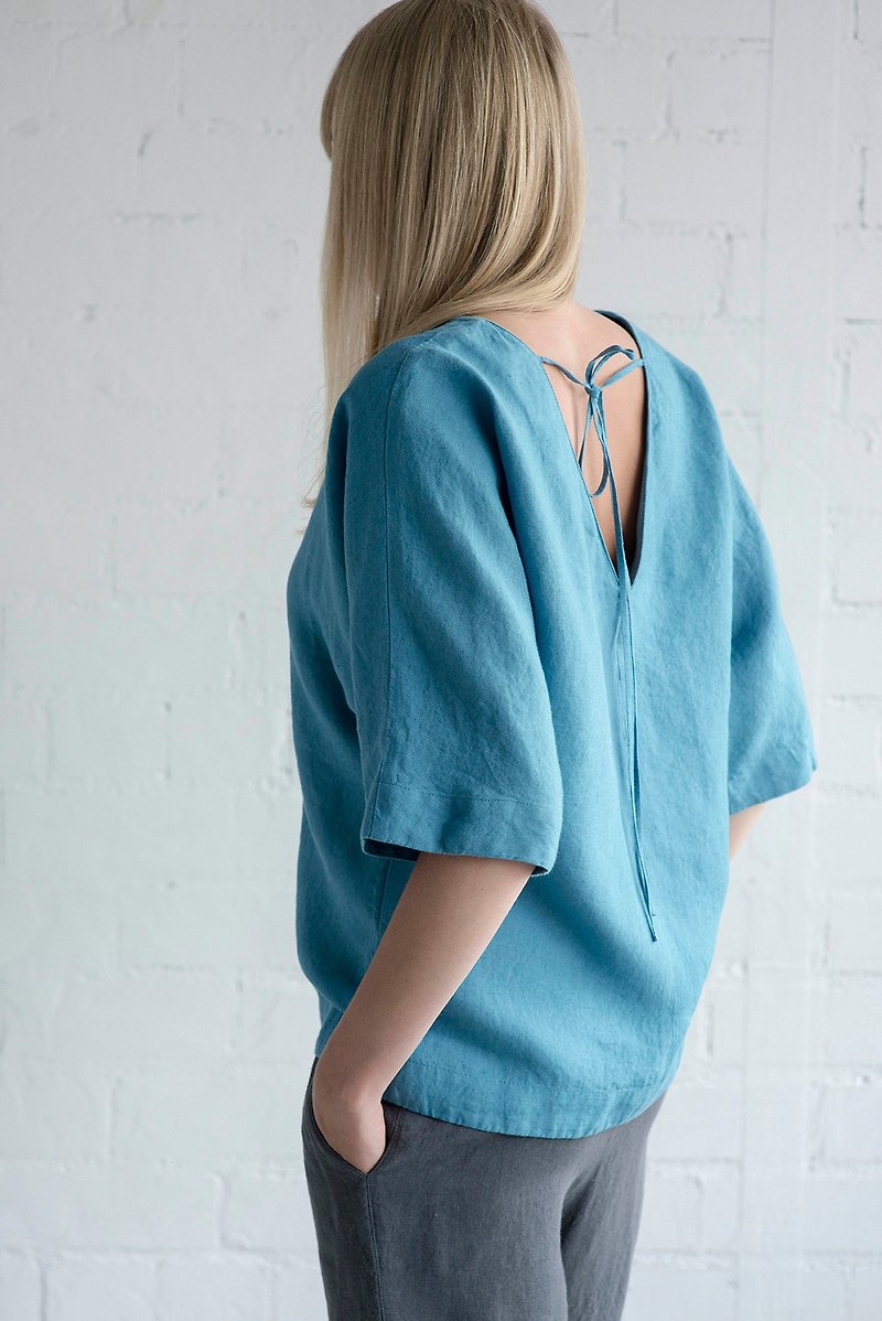 Linen Blouse Motumo – 17P4 / Handmade loose linen summer blouse - เสื้อเชิ้ตผู้หญิง - ลินิน 