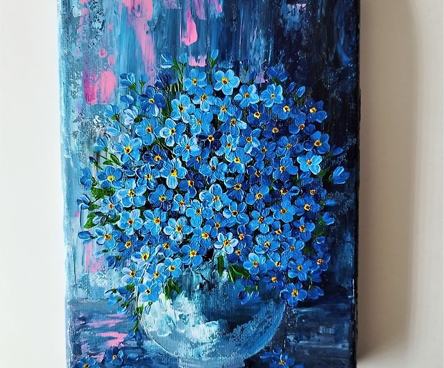 テクスチャードブーケアート：キャンバスに手作りの青い花のアクリル画