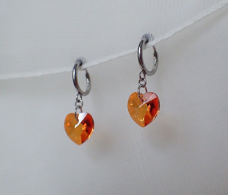 愛心, 施華洛世奇元素 & 不鏽鋼 耳圈夾 耳環 (一對) - 耳環/耳夾 - 玻璃 橘色