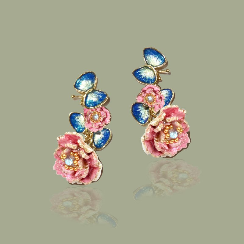 Ava Ollie Collection: Butterfly Playing Among Peony Flowers - Earrings & Clip-ons - Enamel Red